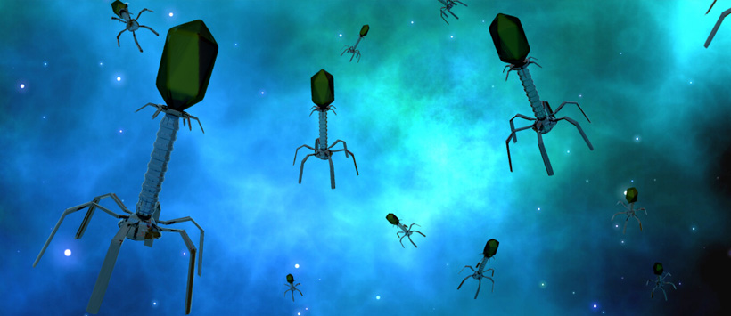 Liczne bakteriofagi przedstawione na tle nieba. 