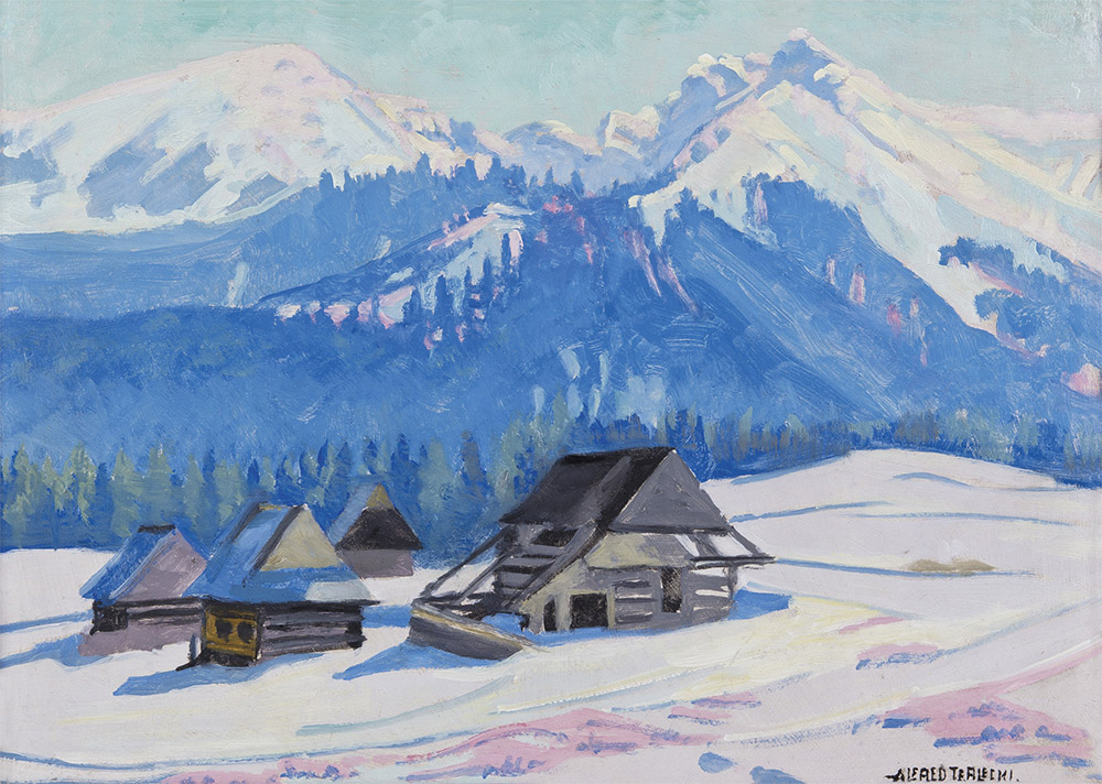 Obraz przedstawiający Tatry zimą. Widać góralskie chaty na tle majestatycznych gór
