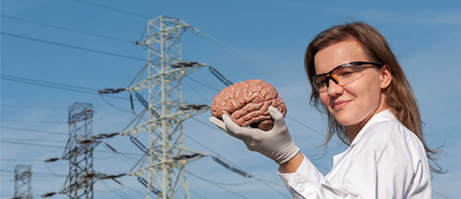 Badaczka w białym kitlu trzyma w dłoniach mózg, w tle słupy energetyczne symbolizujące przepływ sygnałów nerwowych