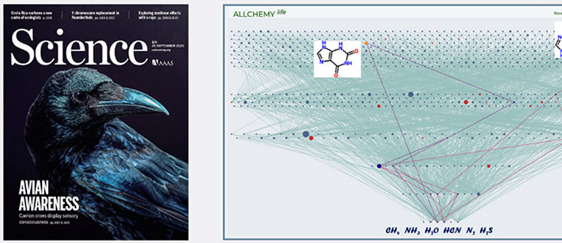 Okładka najnowszego numeru Science oraz grafika przedstawiająca łańcuchy reakcji prowadzące do powstania związków biotycznych