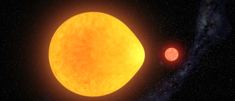 Układ gwiazd podwójnych - masywna gwiazda pulsująca i mniejszy czerwony karzeł (wizualizacja)