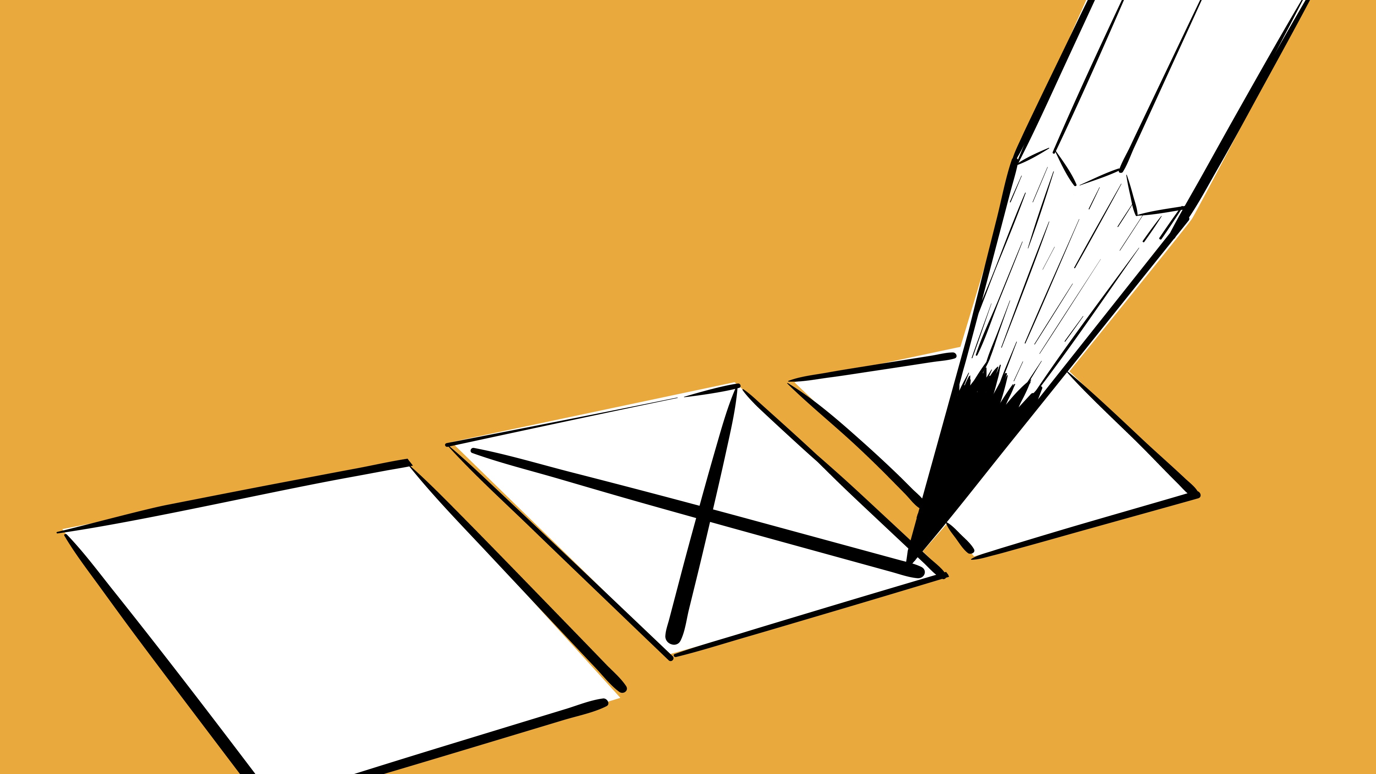 Trzy kratki na karcie do głosowania, ołówek stawia znak X w środkowej
