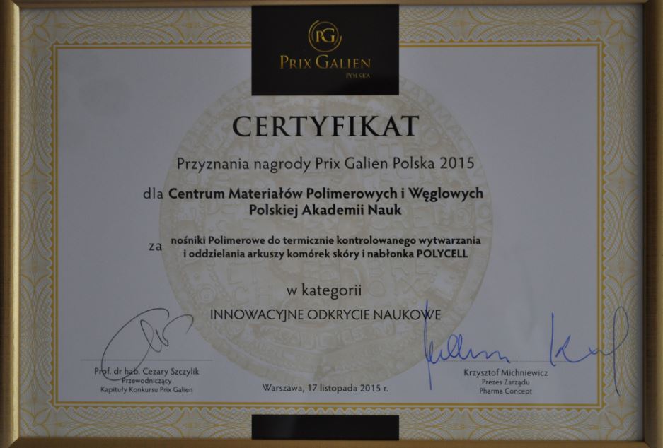 Nagroda Prix Galien Polska 2015 dla Centrum Materiałów Polimerowych i Węglowych PAN