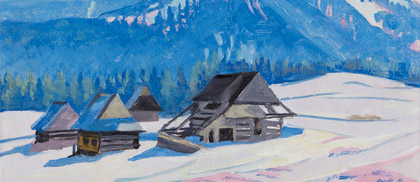 Obraz przedstawiający Tatry zimą. Widać góralskie chaty na tle majestatycznych gór