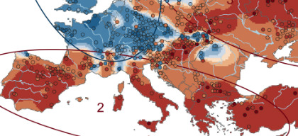 Mapa z trendami powodziowymi w Europie. Opis ilustracji jest dostępny w artykule
