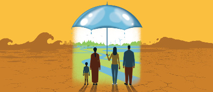 Grafika symbolizująca suszę. Nad rodziną rozłożony parasol ochronny