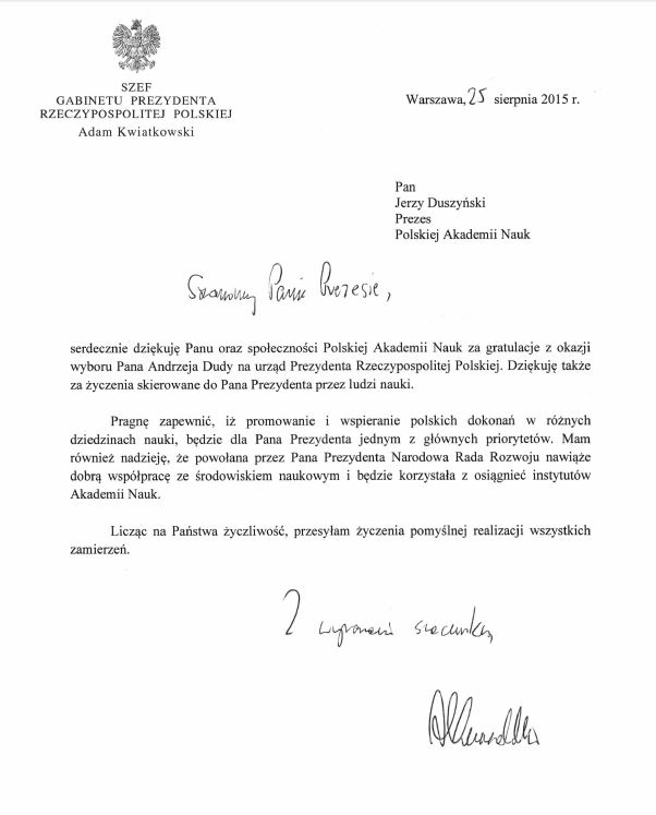 Odpowiedź na list gratulacyjny Prezesa PAN dla Prezydenta RP Andrzeja Dudy