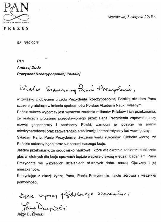 List gratulacyjny Prezesa PAN dla Prezydenta RP Andrzeja Dudy